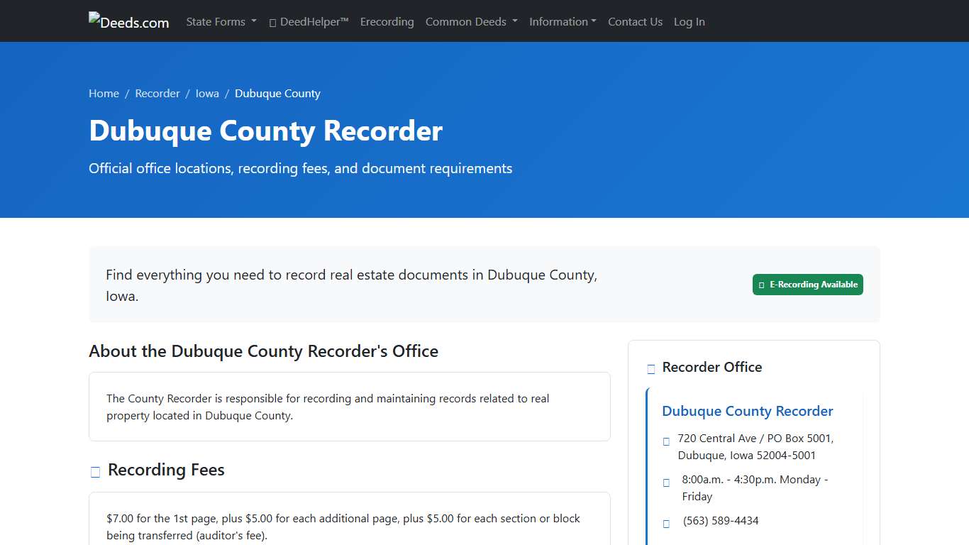 Dubuque County Recorder Information, Iowa - Deeds.com